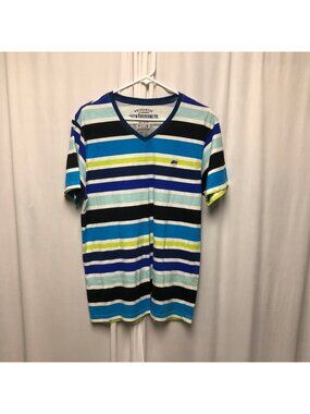 Ecko Unltd T Shirt Mens Size Medium V Neck Striped Blue Black Green Cotton Tee
